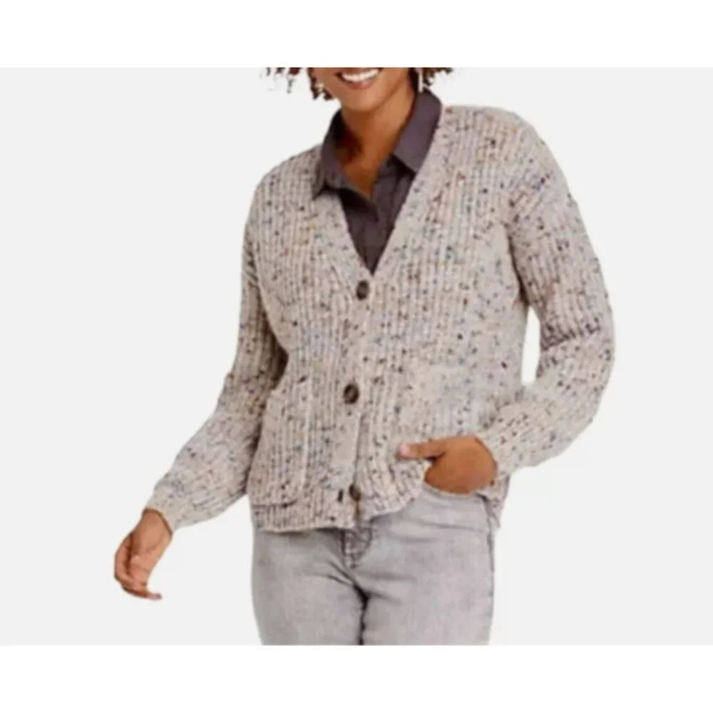 Knox Rose  Multicolored Speckled Long Sleeve Three-Button V-Neck Cardigan